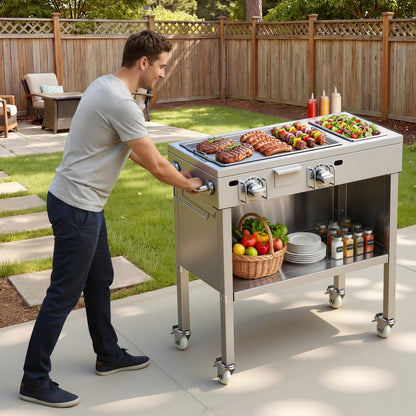 VEVOR Outdoor Propane Griddle, 2 Burners (11,600 BTU Each), Commercial Stainless Steel Gas Griddle Cart with 4 Lockable Wheels, 1/3 Food Pan, Easy-Grip Side Handle, Ideal for Hot Dogs, Burgers & Meats