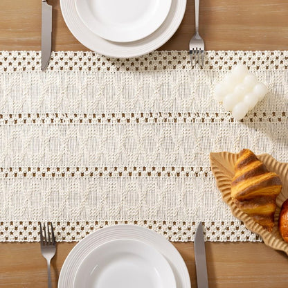 Socomi Boho Table Runner Macrame Long Summer Farmhouse Woven Cotton Linen Rustic Coffee Table Runner with Tassels for Dresser Scarf Home Decor Dining Room 12x108 inch Cream Ivory