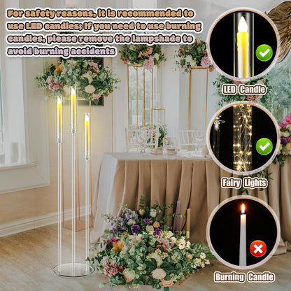 Havawish 6 Set Acrylic Candelabra Centerpieces 3 Arms with 18 LED Candles 42.5'' Floor Tall Candle Holders with Acrylic Shade Wedding Clear Table Candlesticks Stand Fit 0.8'' for Party
