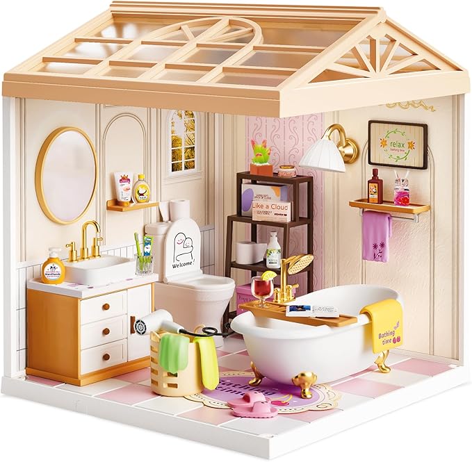 DIY Miniature House Kit with Roof &amp Dust Covers Creative Construction Toys with Light &amp Furniture for Mini Figures Christmas Decoration Gift for Teens Adults (Bathroom)