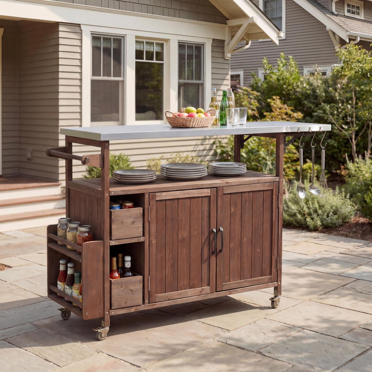 MEETFAV 54" Grill Cart with Stainless Steel Top, Spice Rack, Towel Rack, Lockable Wheels, Multi-Functional Outdoor Kitchen Island with Storage for BBQ, Patio & Kitchen, Brown