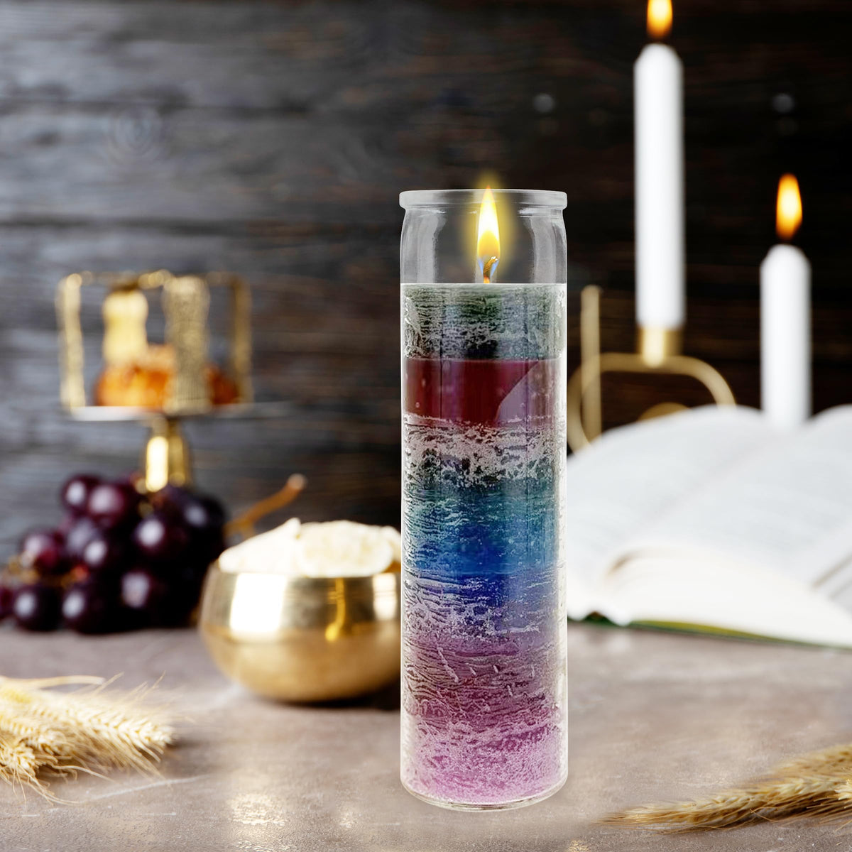 Mega Candles 3 pcs Unscented 7 Color Glass Devotional Prayer Candles, Hand Poured Wax Candle 2 Inch x 8 Inch, Sanctuary, Vigils, Prayers, Casting Chimes, Spiritual, Rituals, Spells, Wicca, Deities