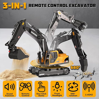 Remote Control Excavator Toys for Boys 3 in 1 RC Excavator Toy with Alloy Bucket Rock Breaker and Grapples - Rotatable 680° Lights and Sounds RC Construction Toys for Boys Age 3+