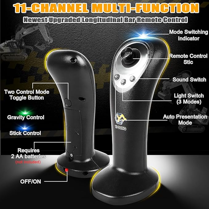 Remote Control Excavator for Boy 6 7 8 9 Years Old 2.4 GHz Gravity Controlled Excavator Toys with Lights Sound Rechargeable 11 CH RC Construction Vehicles Metal Shovel Gifts for Kids 6-12 Year Old