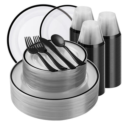 Beststar 350PCS Black and Clear Plastic Dinnerware Sets for 50 Guests, Include 100 Black Disposable Plates, 100 Forks, 50 Knives, 50 Spoons, 50 Cups,Halloween