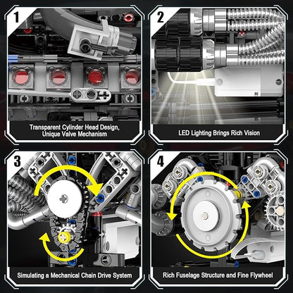 HIGH GODO V8 Engine Building Kit That Works Build Your Own MOC V8 Engine Model with App Control Visible Car Engine Model Kit with Motor and Lights Ideas Gifts for Teens Adults 14+(689 PCS)