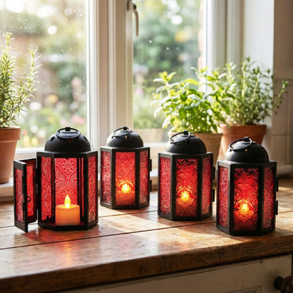 VELA LANTERNS Mini Moroccan Tea Light Candle Holder Lanterns – 4.25" Small Decorative Lantern for Table or Hanging, Metal with Glass Panels – Ramadan, Wedding, Home Decor, Ruby Red (Set of 4)