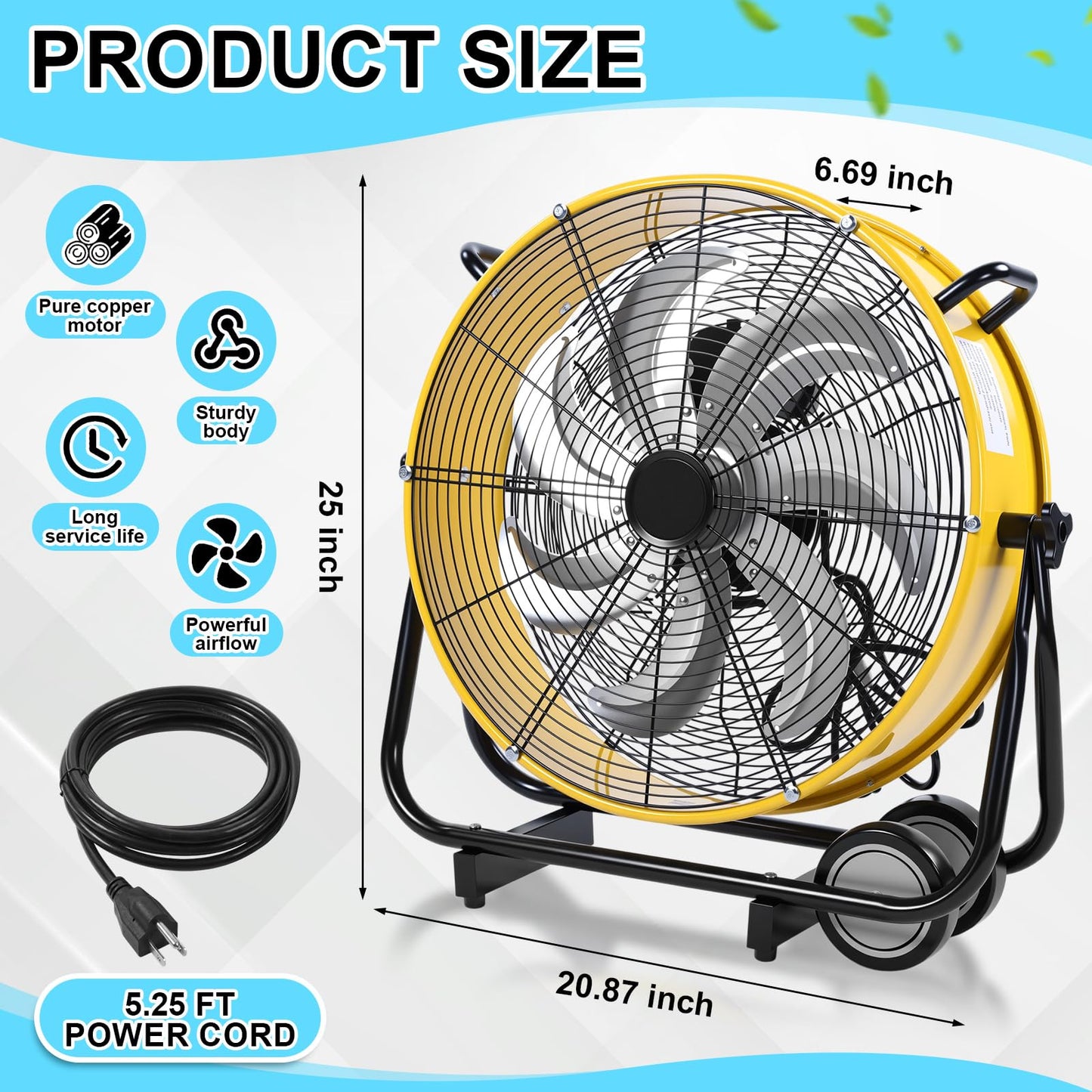 ZeahVeyora 20" High Velocity Industrial Drum Fan 7 Metal Blades Heavy Duty Metal Industrial Floor Fan 3 Speed with Handle and Roller, 360° Rotation for Warehouse Basement Factory Barn Garage(Yellow)
