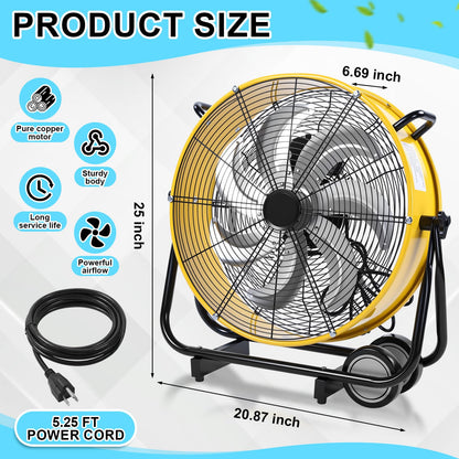 ZeahVeyora 20" High Velocity Industrial Drum Fan 7 Metal Blades Heavy Duty Metal Industrial Floor Fan 3 Speed with Handle and Roller, 360° Rotation for Warehouse Basement Factory Barn Garage(Yellow)