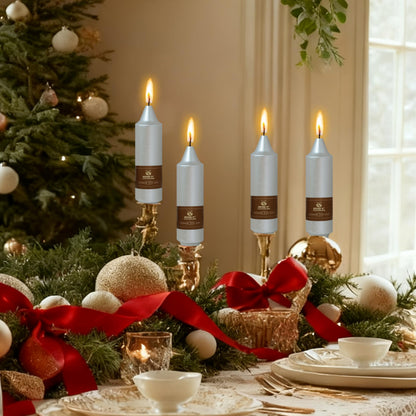 Christmas Metallic Silver Candle 5 Inch Short Smokeless Taper Candles 4 Pack Unscented Dinner Candle for Christmas Dinner