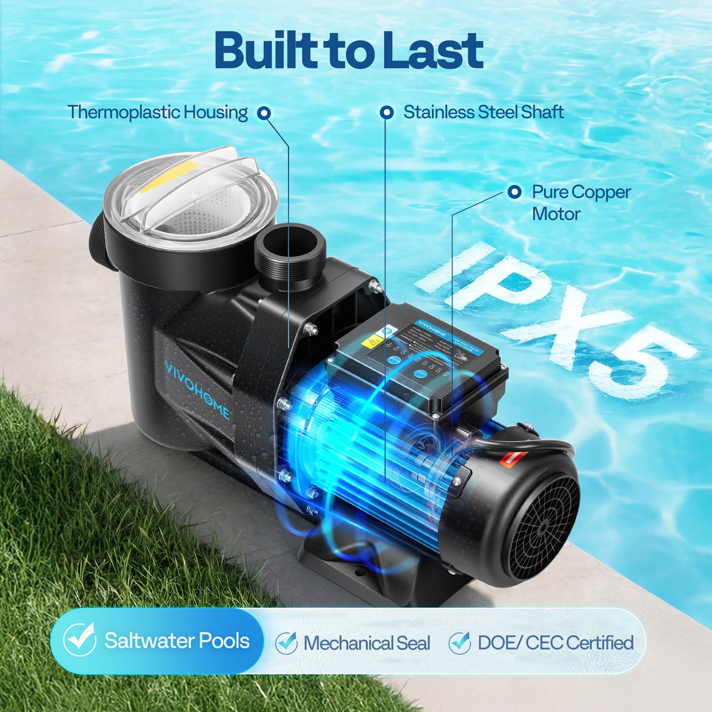 VIVOHOME Self Primming in/Above Ground Swimming Pool Pump w 1.25'' & 1.5" & 2.0'' Unions Energy Saving w/Strainer Baske, 6360 GPH