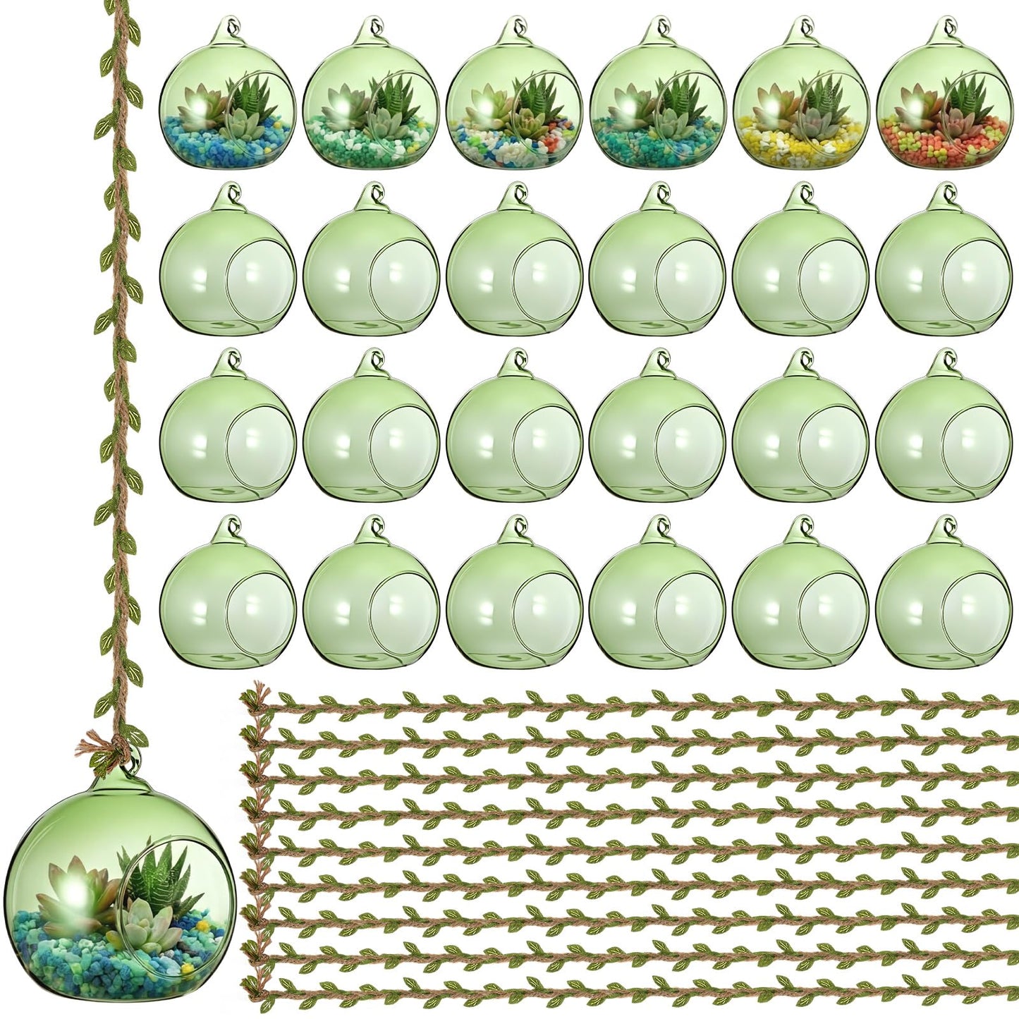 GlikCeil 26 Pcs 3.15'' Hanging Glass Candle Holder with Burlap Leaf Ribbon, Glass Orbs Air Plants Tea Light Candle Holders, Globe Plant Terrariums for Decor Indoor Outdoor Garden DIY (Green)