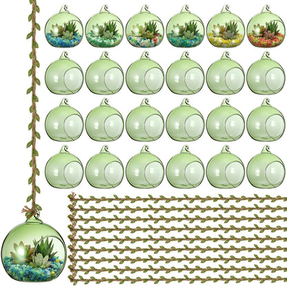 GlikCeil 26 Pcs 3.15'' Hanging Glass Candle Holder with Burlap Leaf Ribbon, Glass Orbs Air Plants Tea Light Candle Holders, Globe Plant Terrariums for Decor Indoor Outdoor Garden DIY (Green)