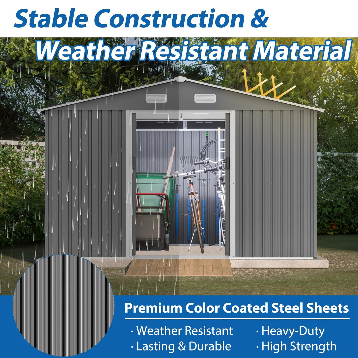 10'x8' Galvanized Steel Outdoor Storage Shed with Top Air Vents, Lockable Sliding Double Door Large Garden Tool Organizer, Gray