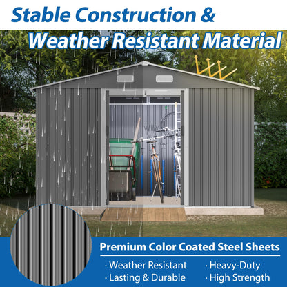 10'x8' Galvanized Steel Outdoor Storage Shed with Top Air Vents, Lockable Sliding Double Door Large Garden Tool Organizer, Gray