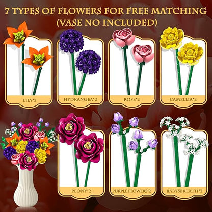 Flower Bouquet Building Block Set for Adults 933PCS Botanical Collection 14 Flowers Building Blocks Kit Creative DIY Building Block Gift for Teens Girls Ages 6+ and Mom/Girlfriend