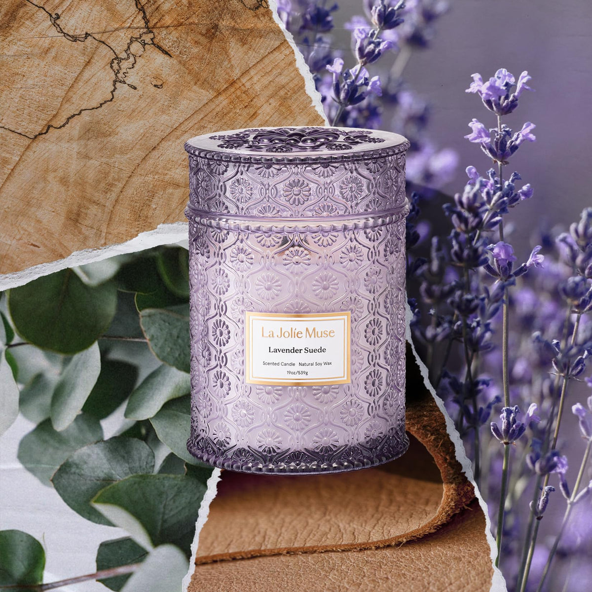 LA JOLIE MUSE Lavender Suede Scented Candle for Home |19 oz Non Toxic Soy Wax | Large Purple Jar Candle | Aromatherapy Candles | Luxury Gifts for Women & Men