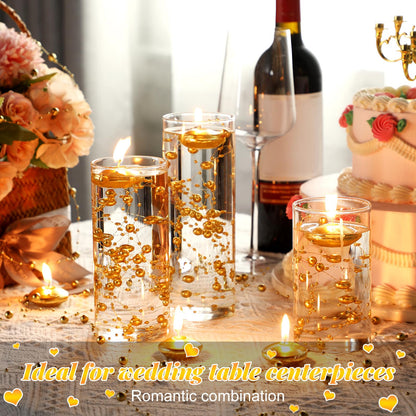 Fumete 40 Pcs Gold Floating Candle & Pearl String Set: 20 Unscented Wax Tealights (1.5") & 20 Faux Pearl Chains (4.4ft), Elegant Vase Filler for Wedding Centerpiece, Bridal Shower & Gala Dinners Decor
