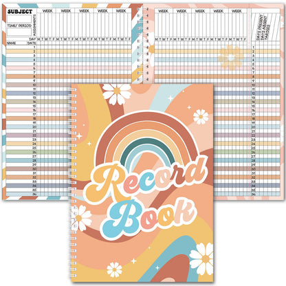 Fuyoooo Teacher Record Book Teacher Grade Books 2026-2027 Spiral Bound Record Planner 2026 Class Grade Book Office Favors for Classroom Attendance Decoration Double Sided(Retro Groovy)