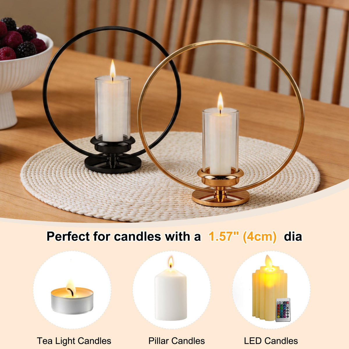 HiSnug Hurricane Candle Holders Set - Circular Metal Candlestick Holders with Glass Sleeve, 2PCS Simple Decorative Candleholder for Dining Table Centerpiece Shelf Home Decor, 2PCS, L+L, Black