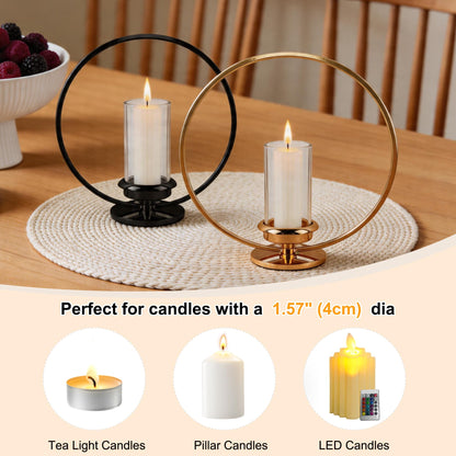 HiSnug Hurricane Candle Holders Set - Circular Metal Candlestick Holders with Glass Sleeve, 2PCS Simple Decorative Candleholder for Dining Table Centerpiece Shelf Home Decor, 2PCS, L+L, Black