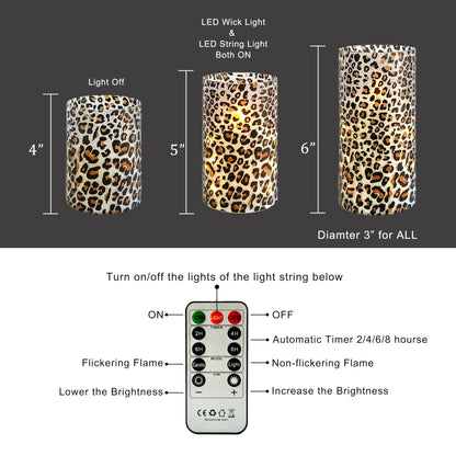 Flickering Flameless Candles Leopard Print Embedded Star String Lights, Battery Operated Acrylic LED Pillar Candles with 11-Key Remote and Timer for Home Decoration, 3 Pack