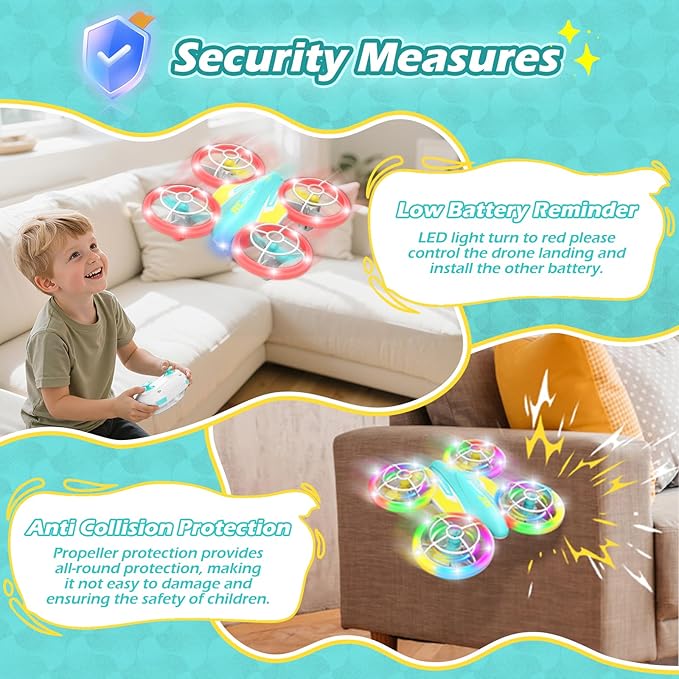 LED RC Drone for Kids 6+ Christmas Birthday Gift for Boys &amp Girls with Remote Batteries 360° Flip High Speed Mode 45 Min Flight Indoor and Outdoor Flying Toy - Blue Yellow