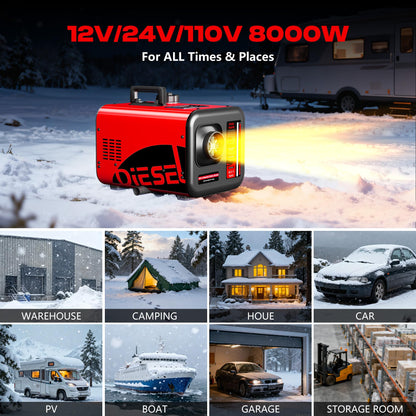 POXURIO 7L Large Diesel Heater, 8KW 240V/110V/12V/24V All in One Diesel Air Heater with LCD Switch, Remote Control, Suitable for Truck, RV, Home, Car, Campers, Boat, Red