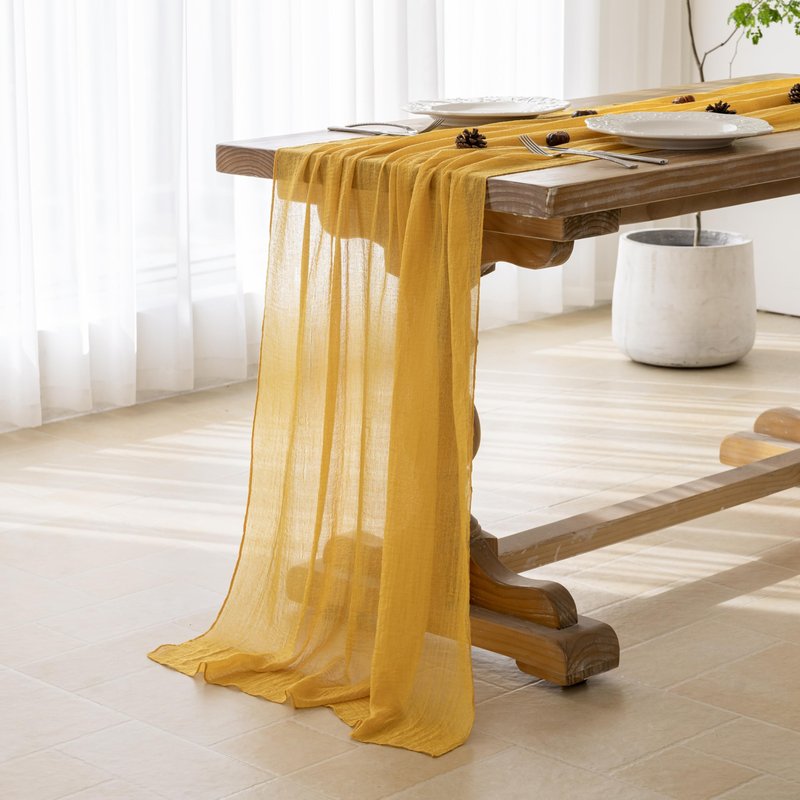 Keketoarrange 3pcs Golden Gauze Rustic Cheesecloth Table Runner 120 Inch 10 FT for Wedding Baby Shower Bridal Shower Birthday Engagement Garden Outdoor Party Long Sheer Boho Decorations