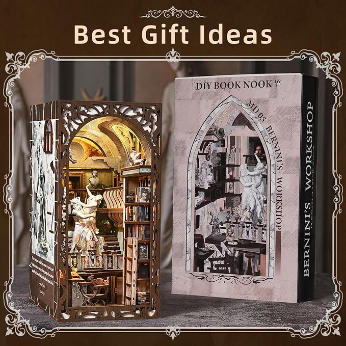 Magic Booknook Building Set with LED Light Mini Bookend Building Kit for Bookshelf &amp Home Decor DIY Miniature Book Nook Building Model for Kids Adults Teens (Bernini's Workshop)