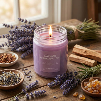 Lavender & Sandalwood Scented Candle 6.5oz – CW Studio Color Glass Jar — Hand-Poured Soy & Paraffin Wax – Clean Burn, Smokeless, Up to 30 Hours, Home Decor & Gift Giving