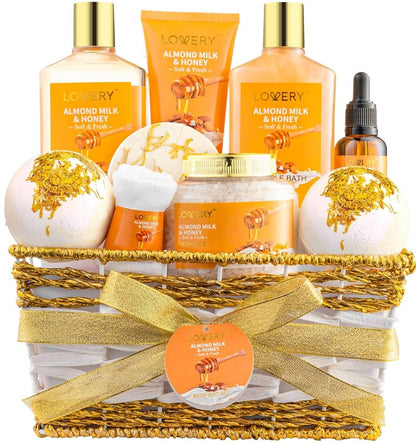 Mothers Day Gifts for Mom Women Gift Basket for Women - 10 Pc Almond Milk & Honey Beauty & Personal Care Set - Home Bath Pampering Package for Relaxing - Spa Self Care Kit - Birthday, Mom, Anniversary