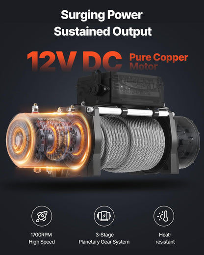 VEVOR Electric Winch, 12000 lbs Load Capacity, 12V DC Truck Winch with Φ0.36 in x 80 ft Steel Rope, Wireless & Wired Remote Control, IP55 Waterproof for Towing SUV Jeep Trailer Boat Off-Road Vehicle