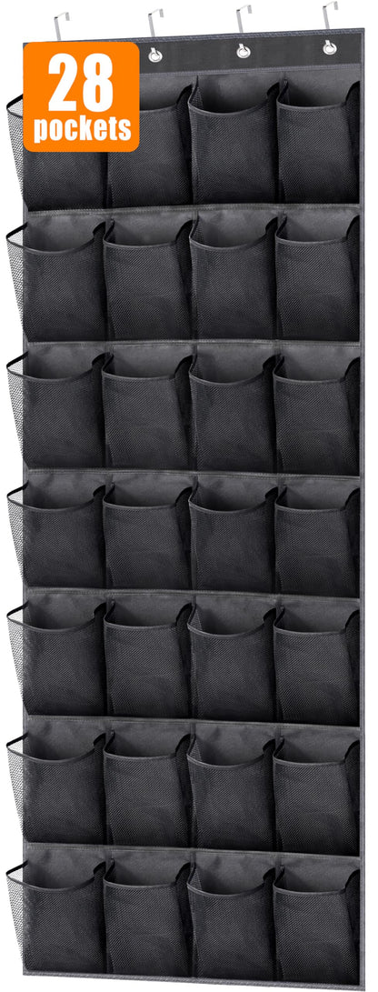 MISSLO 28 Large Pockets Hanging Shoe Organizer Over The Door Shoe Rack for Closet Door Storage Mesh Shoe Holder Hanger for Men, Black