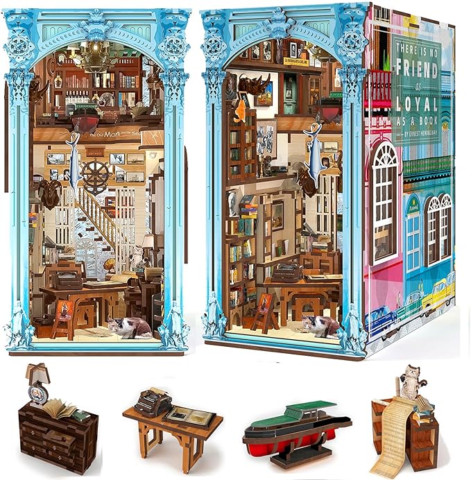 Book Nook Kit DIY Miniature Dollhouse Booknook Kit 3D Wooden Puzzle Bookend Bookshelf Insert Decor with LED Light for Teens and Adults(Hemingway House)