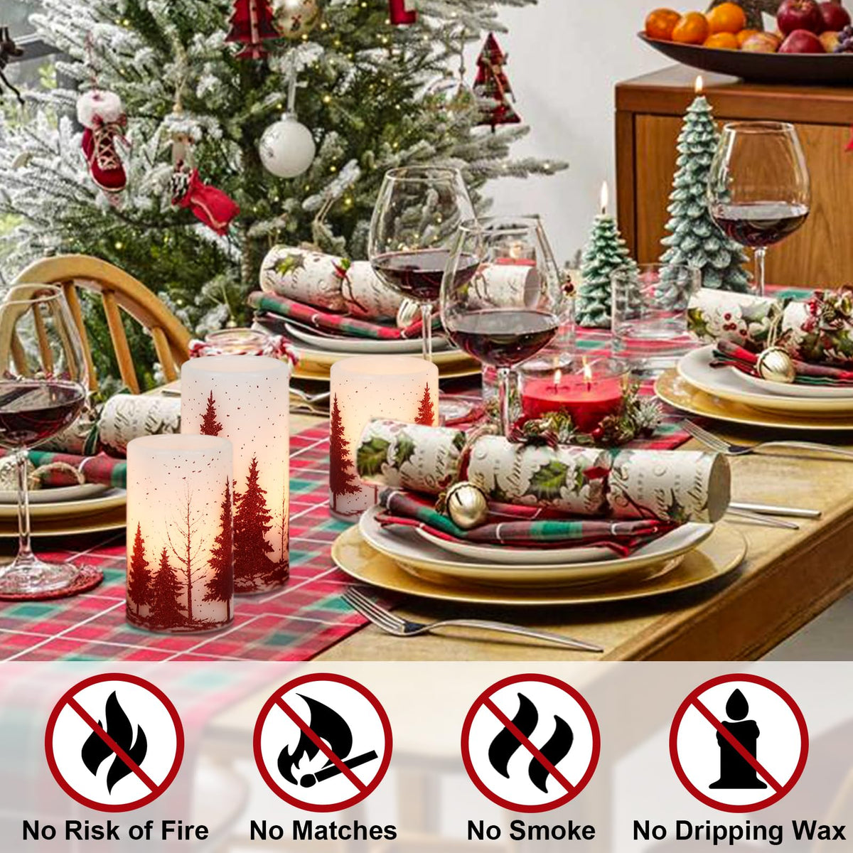 Eldnacele Christmas Flickering Flameless Candles with 6 Hour Timer, Red Christmas Tree Decal Battery Operated Real Wax LED Pillar Candles Home Tabletop Holiday Decor(3Pcs,3×4/5/6 Inches)