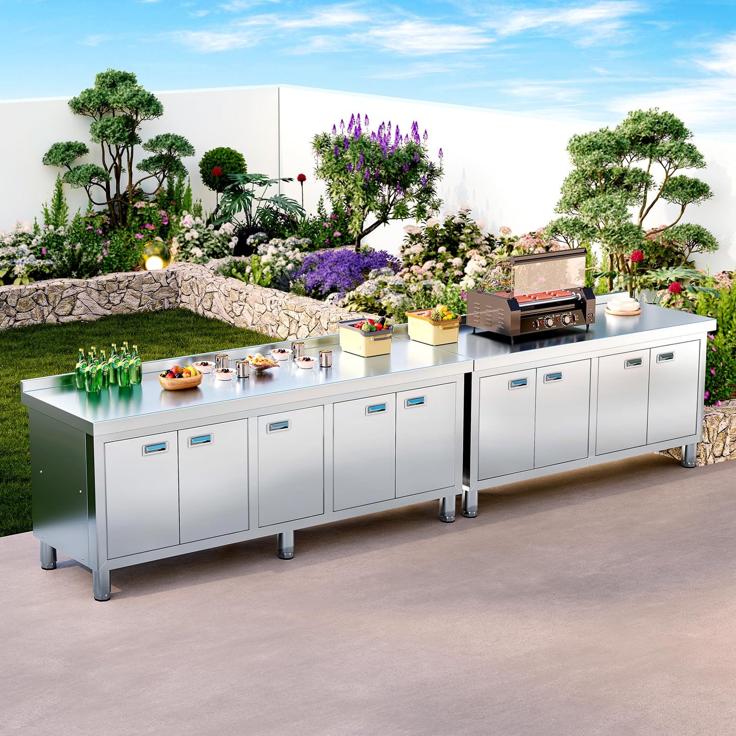 WWK 59" x 21" Stainless Steel Prep Table with Cabinet, Commercial Kitchen Table for Prep & Work, Heavy Duty Work Table with 4 Doors for Kitchen, Restaurant, Hotel, Garage and Cafe