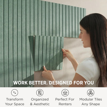 VIVELDA Felt Bulletin Board Tiles 48"x36" - 12-Pack Cork Board Alternative, OEKO-TEX Certified, NRC 0.95 Acoustic Felt Wall Panels, Damage-Free Adhesive, Slatted Design, Home Office & Classroom (Palm)