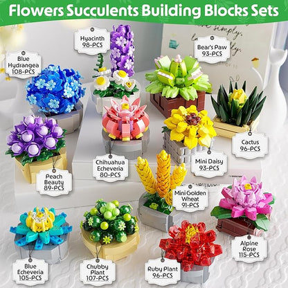 12 Succulents Building Set for Adults &amp Kids 10+ – Botanical Collection Artificial Plants with Pots Easter Birthday for Women Home Office Decor Relaxing DIY Kit(1174 PCS)
