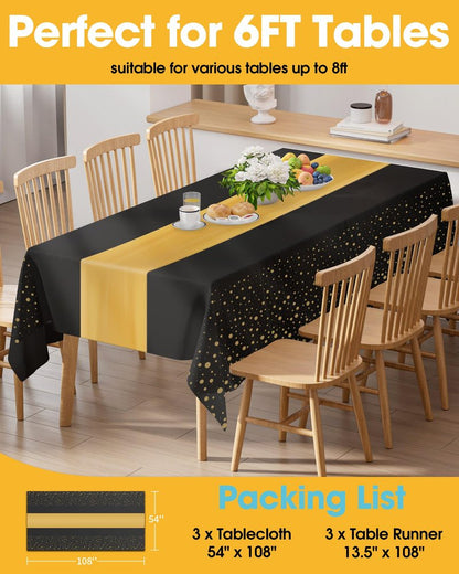 Niuara Graduation Decorations Table Cloth for Rectangle Table and Table Runner Set - 3+3 Pack, Black and Gold Plastic Tablecloth Disposable for Birthday, Wedding, Baby Shower, New Year