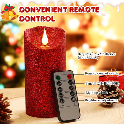 Retisee Set of 3 Valentines Glitter Flameless Candles, 4" 5" 6" Burgundy Red Operated Battery Pillar Candles Flickering Real Wax LED Candle with Remote and Timer for Valentines Home Table Centerpiece