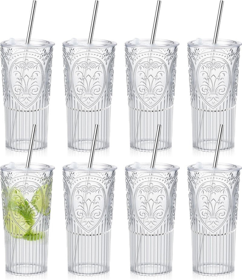 Acellegic 8 Set 20oz Vintage Plastic Tumbler with Lids and Straws Ribbed Floral Drinking Glasses Reusable Iced Coffee Cups for Water Juice Smoothie Cocktail Travel Party Events Gift (Clear)