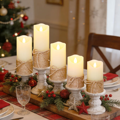 Crystal Club Flameless Candles Flickering with Timer, Set of 5 Battery Pillar Candles with Hemp Rope, Realistic Wax Candle Lights for Summer Party Home Table Décor