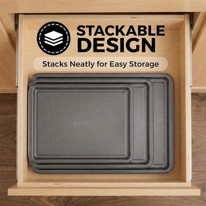 PERLLI Non-Stick Baking Pan Set - 3-Piece Carbon Steel with Even Heat Distribution | Oven Safe to 446°F, BPA-Free, Dishwasher Safe, Stackable - Gray
