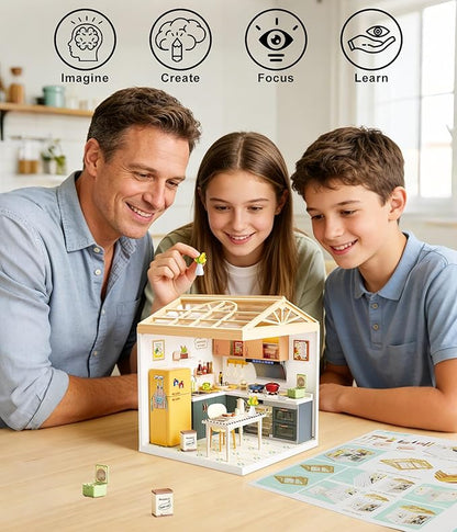 DIY Miniature Kitchen Dollhouse Kit with LED Light Dust-Proof Door &amp Roof - Cozy Home Cooking Room Creative Building Set for Adults &amp Teens - Immersive Craft Kit for Handmade Decor &amp Gift