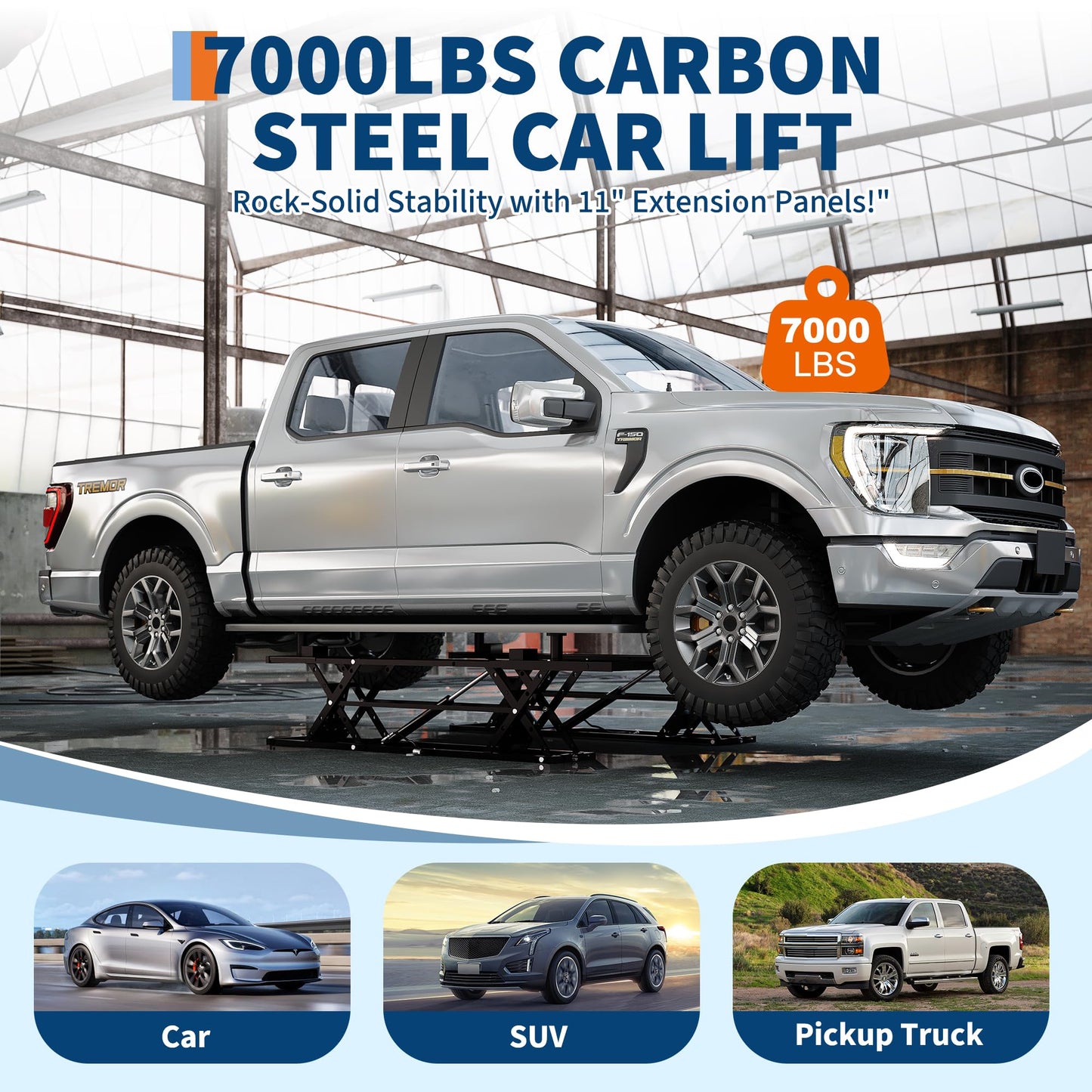 7000LBS Portable Car Lift for Trucks SUV Sedan, Heavy Duty Scissor Lift Jack with Safety Lock, Adjustable Height 6.26"-27", Hydraulic Vehicle Lifting System with Extension Plates