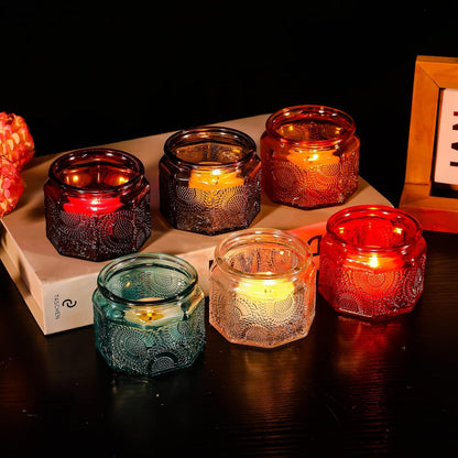 Set of 6 Glass Tea Light Candle Holders with Lid Colored Tea Lights Candles Holders Table Centerpieces for Wedding Party, Glass Votive Candle Holders Wedding Centerpieces