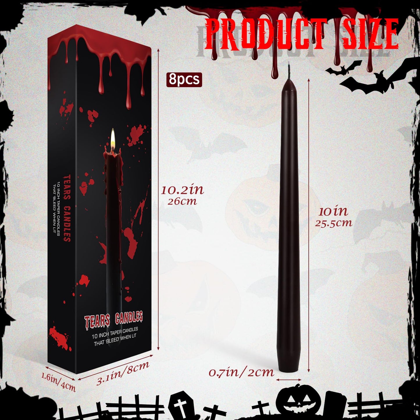 Set of 8 Halloween Bleeding Taper Candles 10 inch Black Taper Candles,Tears Taper Candle for Gothic Halloween Decoration