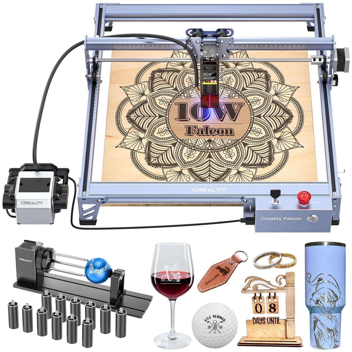 Creality 10W Laser Engraver, Falcon Pro with 3-in-1 Laser for Wood Engraving, 72000mW Efficient Laser Engraving Machine Fit, for Wood, Metal, Paper, Acrylic, Leather, Glass Tumbler Ring, 17" x 16"