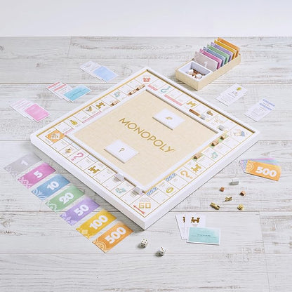 WS Game Company Monopoly Bianco Edition White Wood Board Gold-Tone Tokens Grasscloth-Textured Center Solid Wood Houses &amp Hotels Premium Accessories Board Games for 2-6 Players